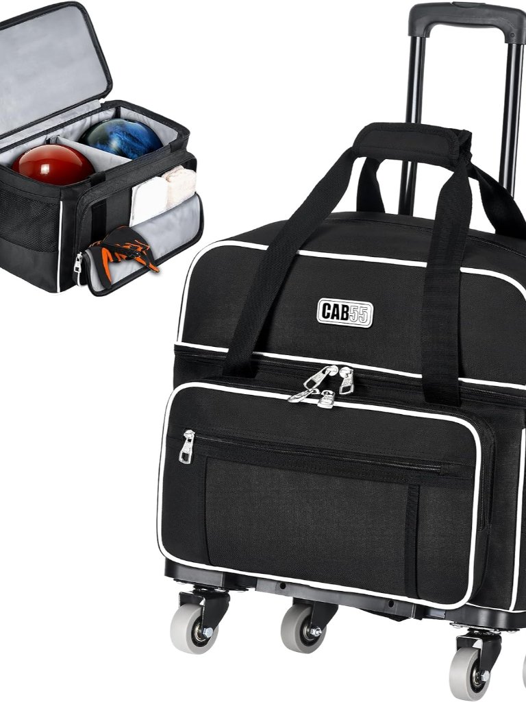 2 Ball Bowling Bag With 4 Wheels, Double Bowling Ball Bag With Separate Shoe Com